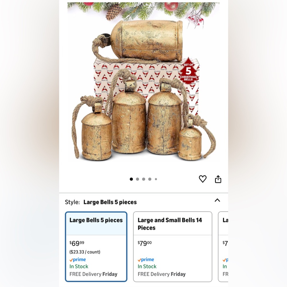 Akatva Large Brass Cow Bells 
Rustic Christmas Decor 5 pc Set
Vintage Gold Bells - Picture 9 of 12